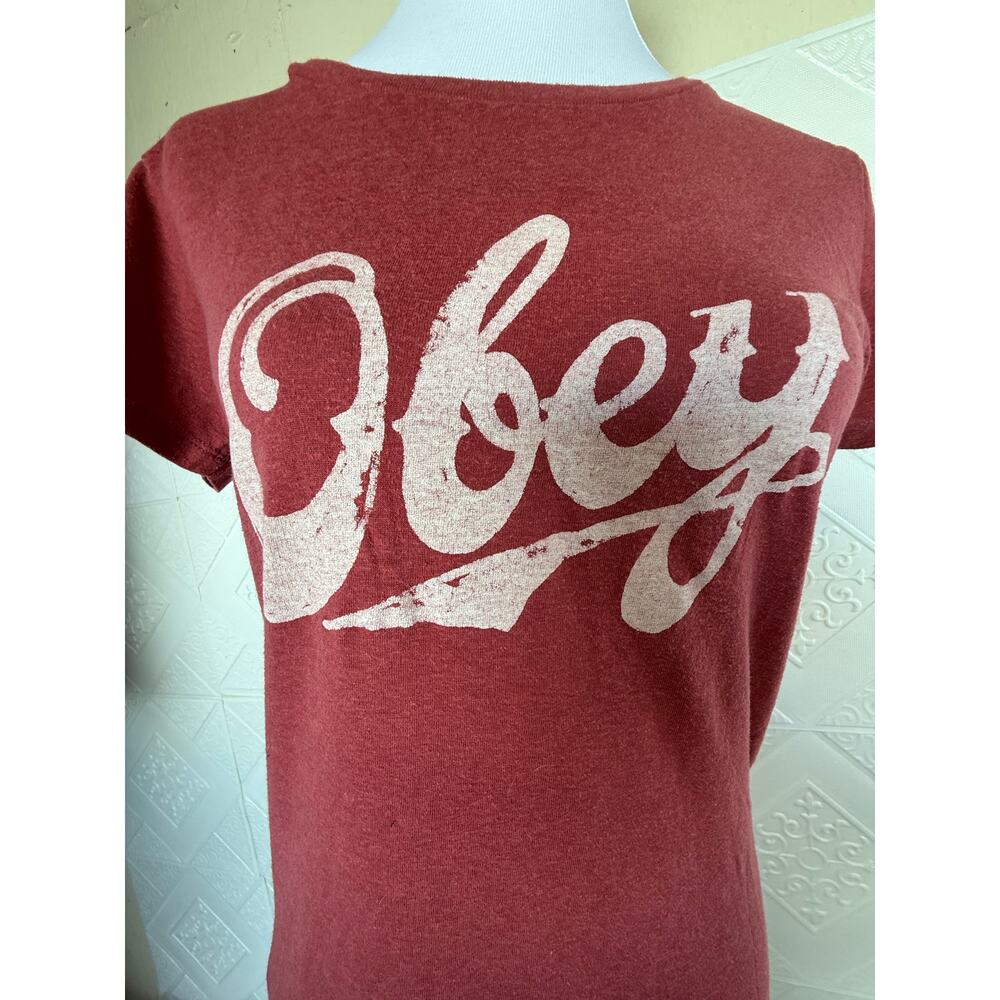 SKU2487 OBEY Women's Small Burnt Red Graphic Logo T-Shirt Made in USA - Picture 6 of 7